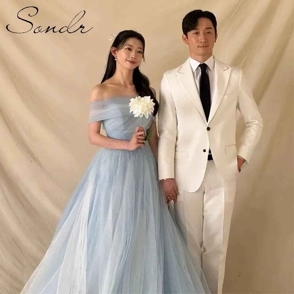 Sondr Fairy Blue bezramínkové tylové večerní šaty s odnímatelným šálem, korejské svatební šaty s korzetem a společenskými šaty na míru