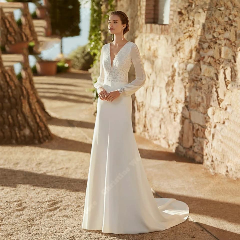 Sexy hluboké V dlouhé rukávy dámské svatební šaty elegantní mořská panna svatební šaty mopping délka princeznovské vestidos de novia na míru