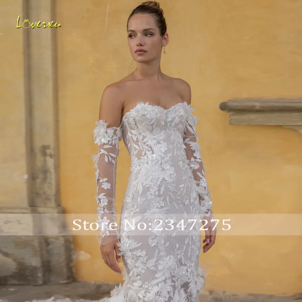 Svatební šaty Loverxu s dlouhým rukávem a mořskou pannou, sexy, bez ramínek, svatební šaty s 3D květinovou výšivkou a zdobením
