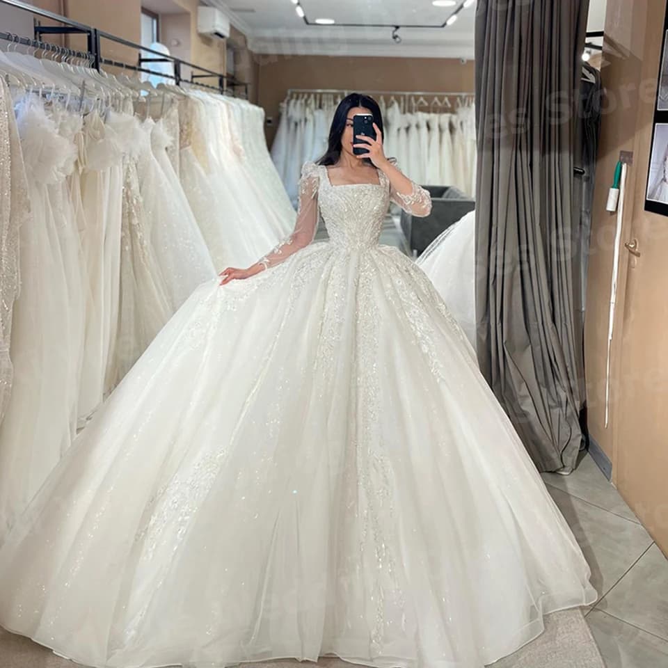 Glitter A Line Dámské svatební šaty Čtvercový límec Vestidos De Novias De Boda Nevěsta šaty na míru Krajkové nášivky Vestidos