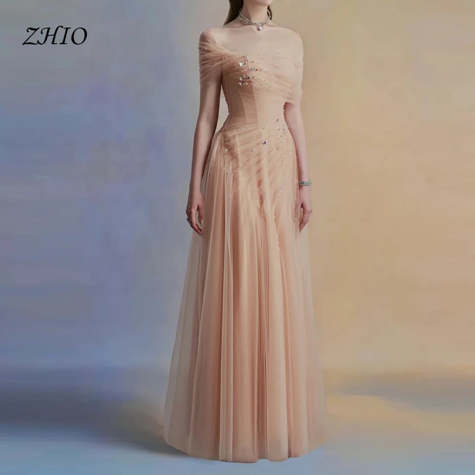 ZHIO Korea Asymetrické tylové svatební šaty A Line Svatební šaty s korálky bez ramínek Korzet Dámské večerní šaty s dlouhým rukávem Formální šaty