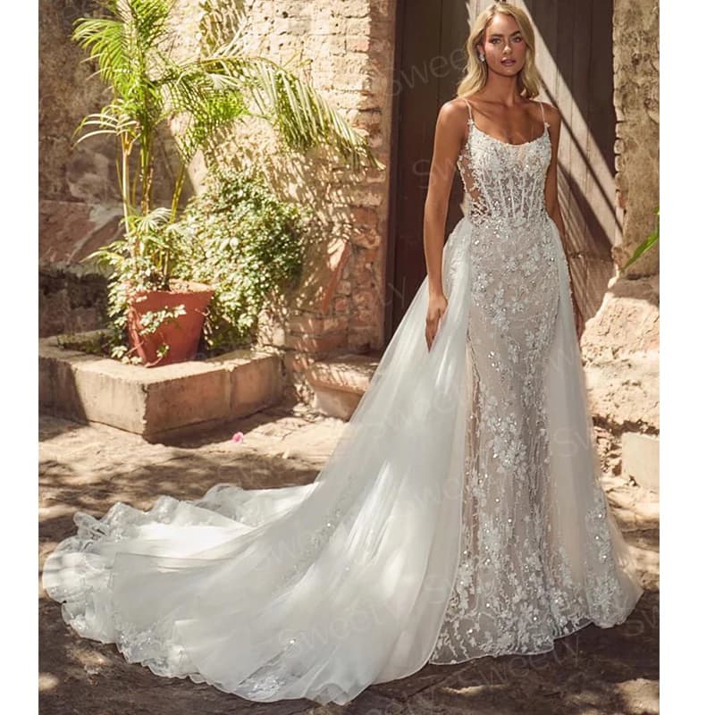 Elegantní svatební šaty s odnímatelnou vlečkou a organzou, výšivkou, čtvercovým límcem a bez rukávů, plesové šaty Vestido De Novia