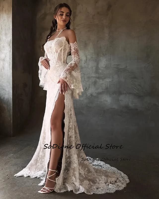 Svatební šaty SoDigne s krajkou a bez ramínek, odnímatelné rukávy, rozdělené svatební šaty, Robe De Mairee, na míru