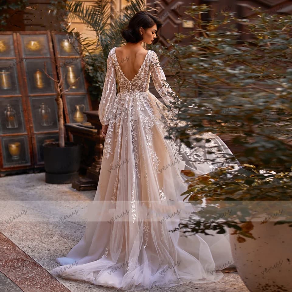 Vynikající svatební šaty Nádherné svatební šaty s krajkovou aplikací, dlouhé nafouklé rukávy pro ženy, vestidos de novia na míru
