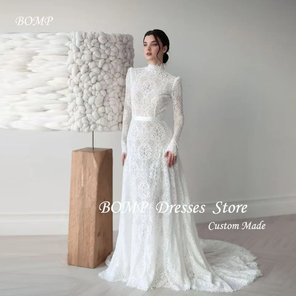 BOMP Vysoký výstřih s dlouhým rukávem Plná krajka Svatební šaty Decentní zavinovací vlečka Svatební šaty Formální Dubaj Arabské ženy na míru
