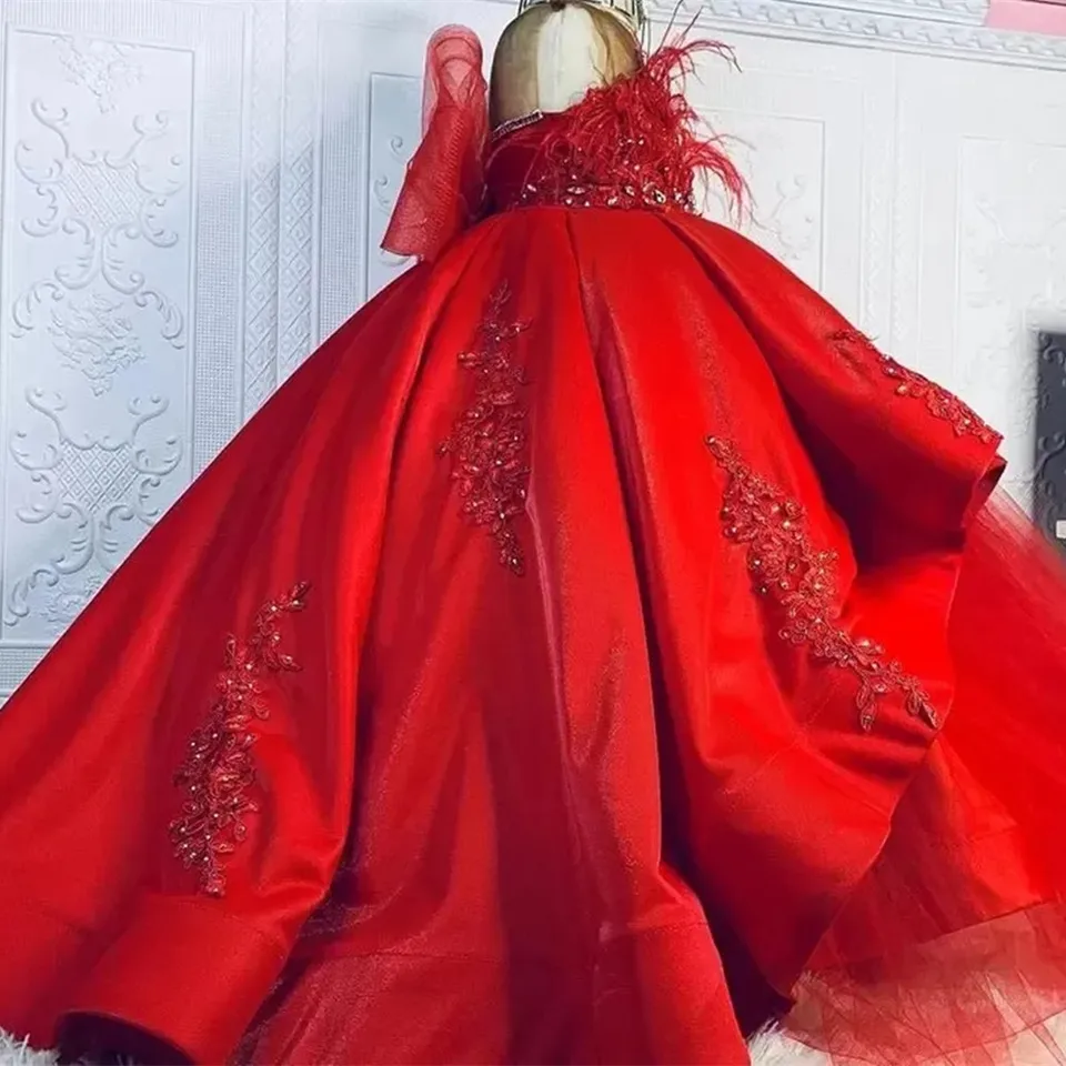 Červené luxusní tutu šaty pro dívky s krajkovým korálkovým vzorem, plesové šaty s průsvitným výstřihem, tylové šaty Little pro děti, narozeninové šaty na svatbu 2025