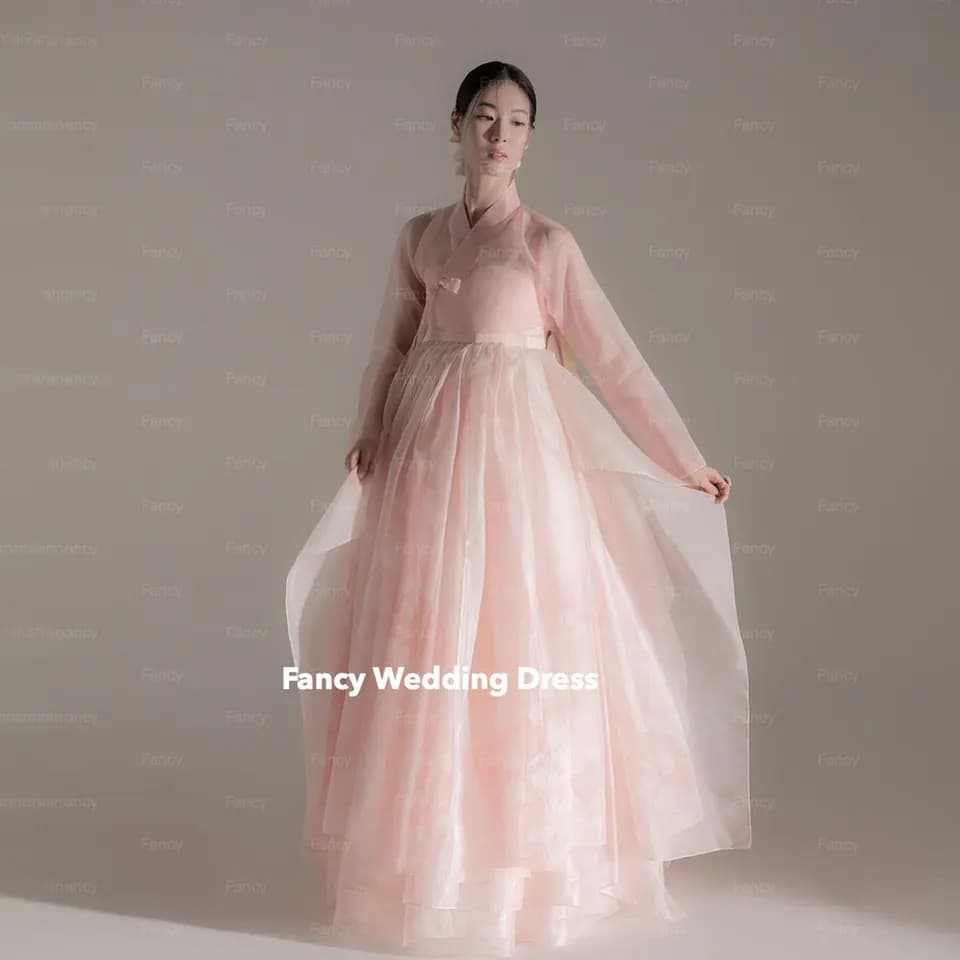 Elegantní růžové svatební šaty hanbok s dlouhým rukávem, áčkovým strihem, svatební šaty z organzy, 2 ks, zapínání na zip na zádech, e-shop na míru