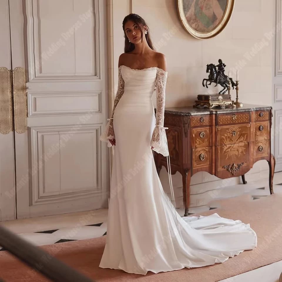 Elegantní mořská panna Dámské svatební šaty Světlé krajkové svatební šaty s dlouhým rukávem a princeznovským plesem Vestido De Novias na míru