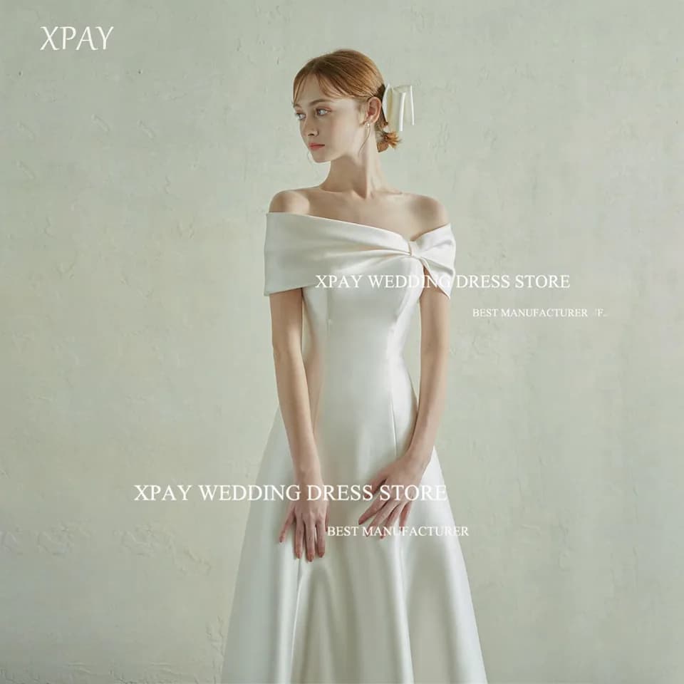 XPAY Jednoduché mašle s odhalenými rameny, áčkové šaty, korzet na zádech, svatební šaty na míru, focení, saténové společenské šaty