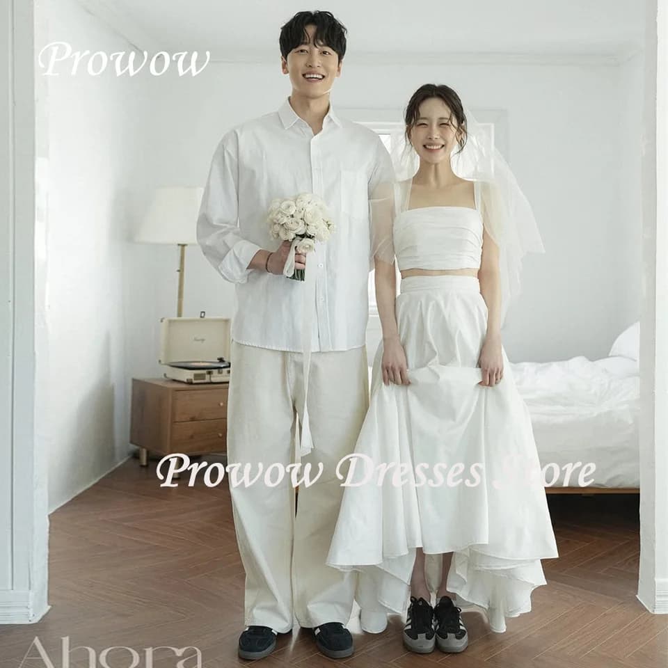 Prowow Jednoduché svatební šaty A Line Korea Focení Skladané taftové svatební šaty bez rukávů na zem bez rukávů na míru