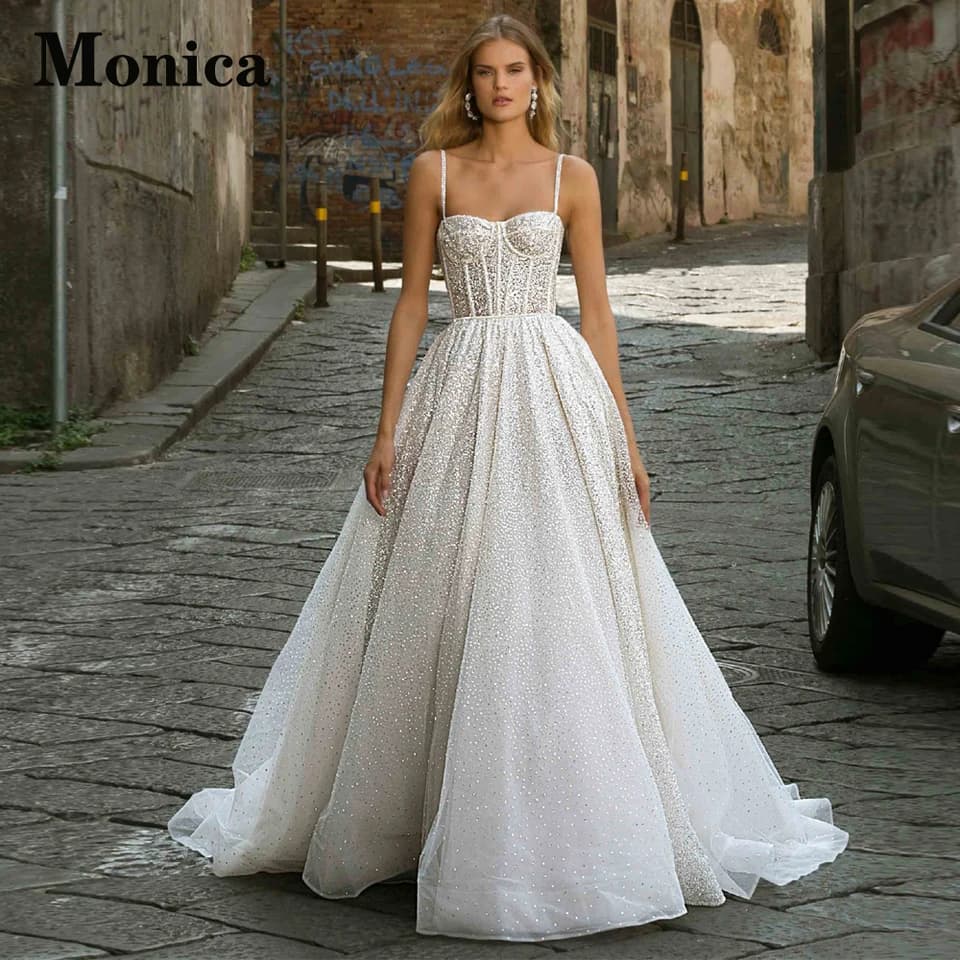 Svatební šaty MONICA Fancy Sweetheart pro nevěstu, špagetová ramínka, odhalená záda, skladané, vlečka, župan de mariee na míru