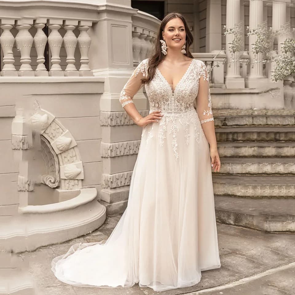 Svatební šaty s výstřihem do V pro ženy, krajkové šaty s aplikací a 3/4 rukávy, tylové áčkové šaty s dlouhým rukávem, vestido de novia na míru