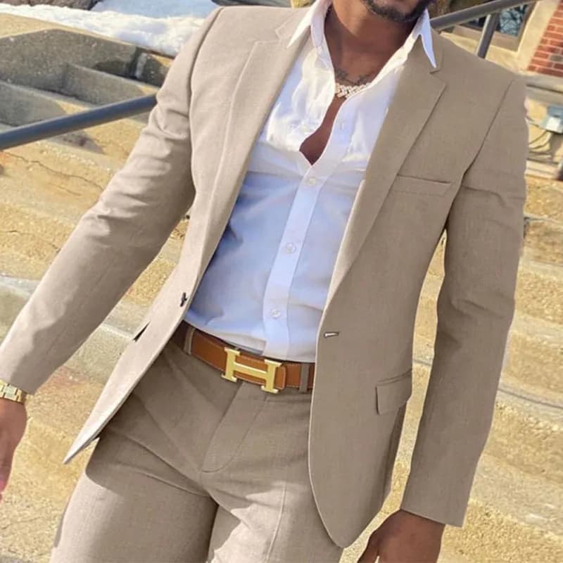 Pánský béžový dvoudílný slim fit svatební oblek - sako a kalhoty pro ženicha, smoking pro formální příležitosti