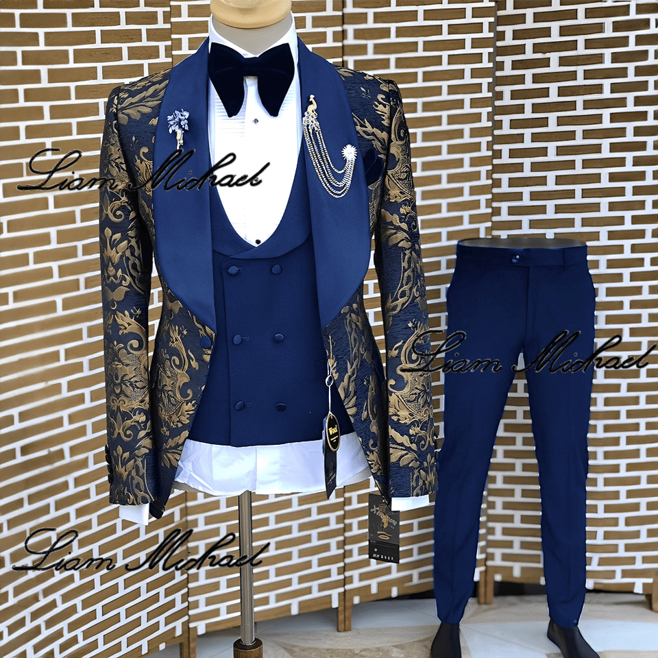 Pánský 3dílný oblekový set v královské modré barvě, formální, svatební, smoking, sako, společenské šaty, XS-5XL