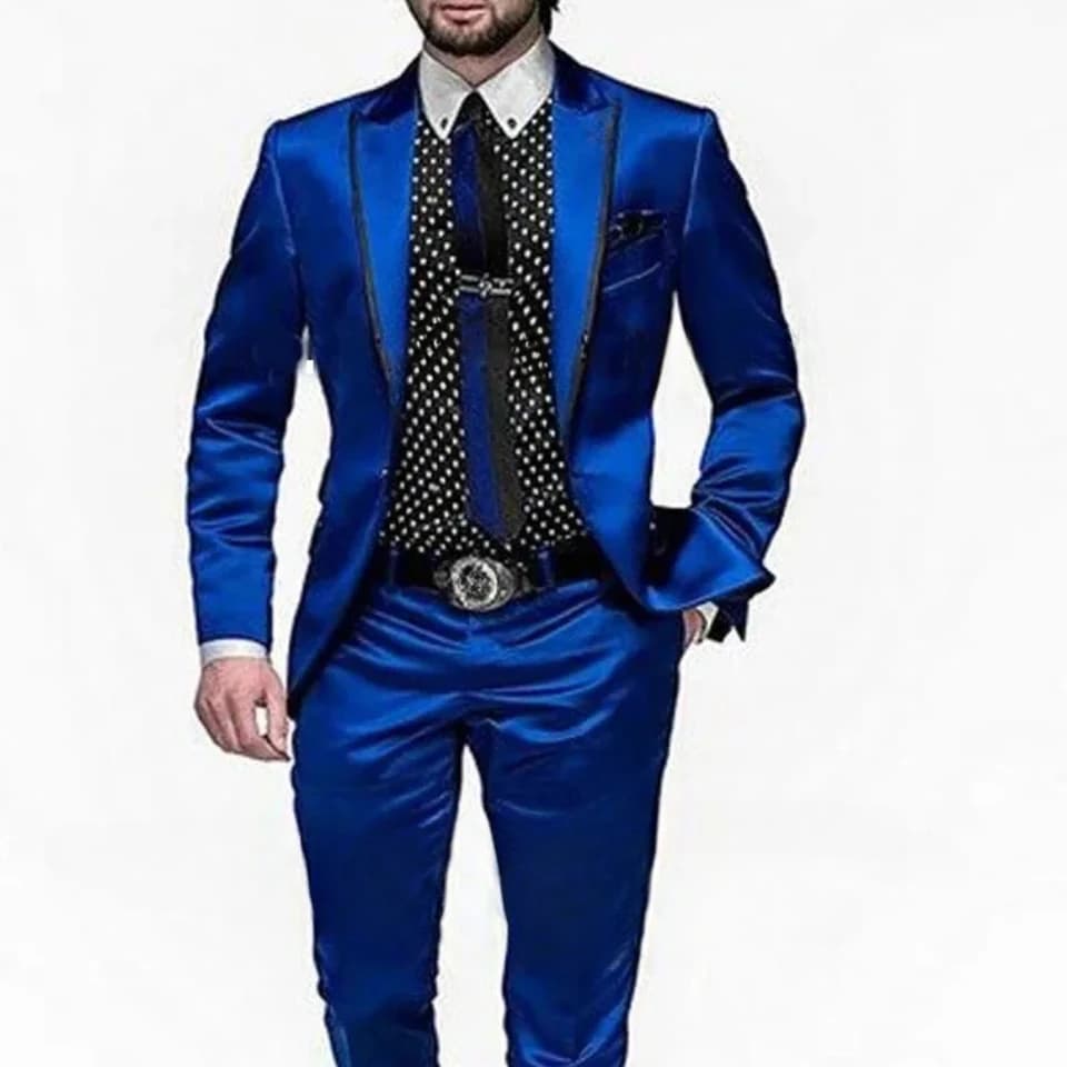 Pánský královsky modrý saténový dvoudílný oblek - Slim Fit Svatební Ples Formální Sako Kalhoty