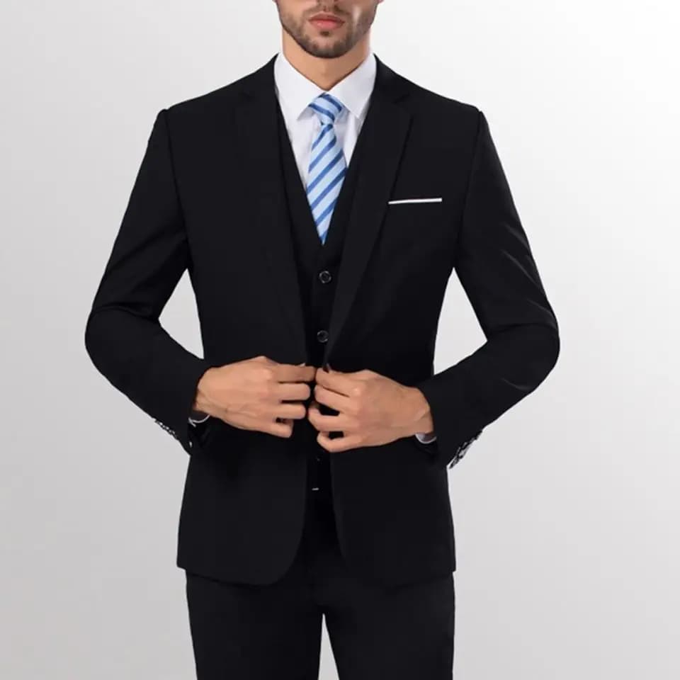 Pánský slim fit oblek na jeden knoflík - měkký úplet, formální oblečení do kanceláře a na neformální příležitosti