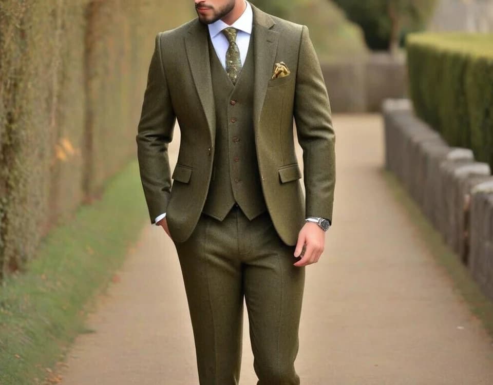 Pánský třídílný slim fit olivově zelený zimní formální oblek