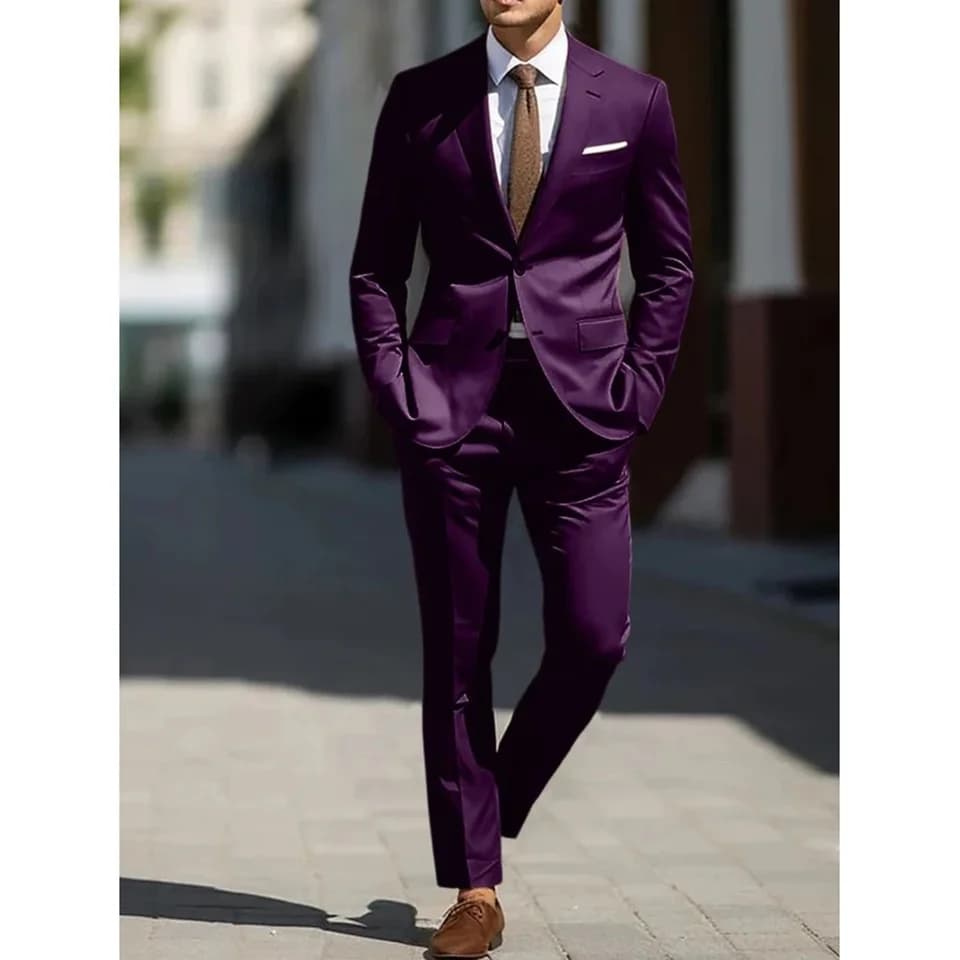 Pánský fialový slim fit dvoudílný oblek - jednořadé sako a kalhoty, svatební a společenské oblečení