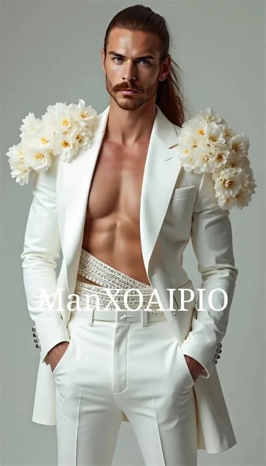 Bílý dvoudílný pánský svatební oblek, sako, kalhoty, 3D květ, formální smoking, kancelářské sako