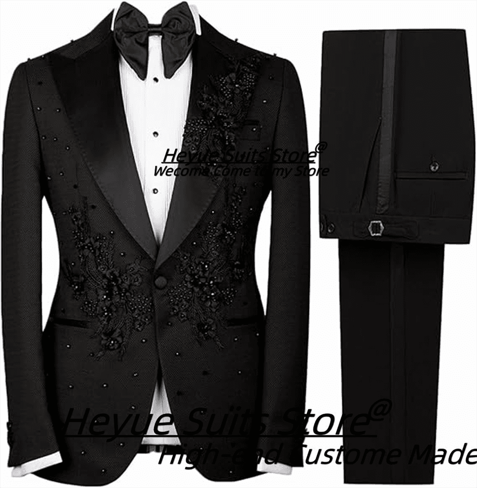 Pánský slim fit smoking s 3D vyšívanými korálky, dvoudílný ženich, svatební oblek, sako s klopou a špičkou