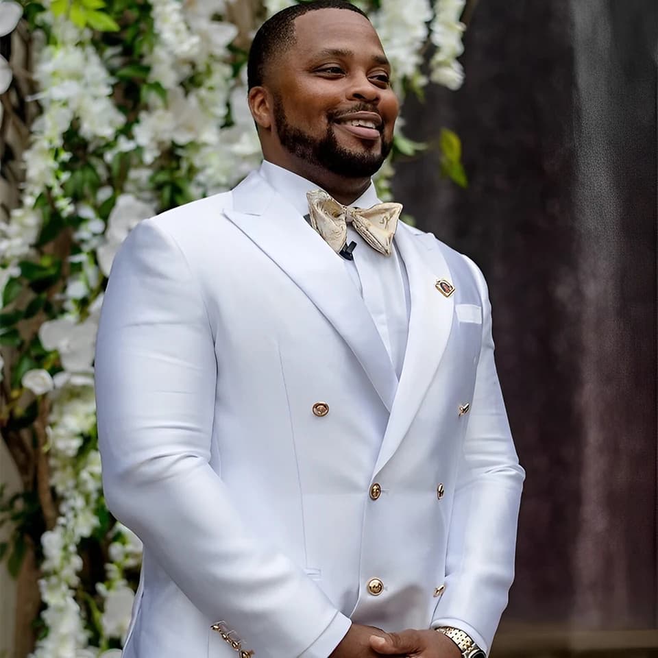 Bílý saténový dvoudílný pánský oblek s dvojitým zapínáním, svatebním smokingem a klopou, velikost XS-5XL