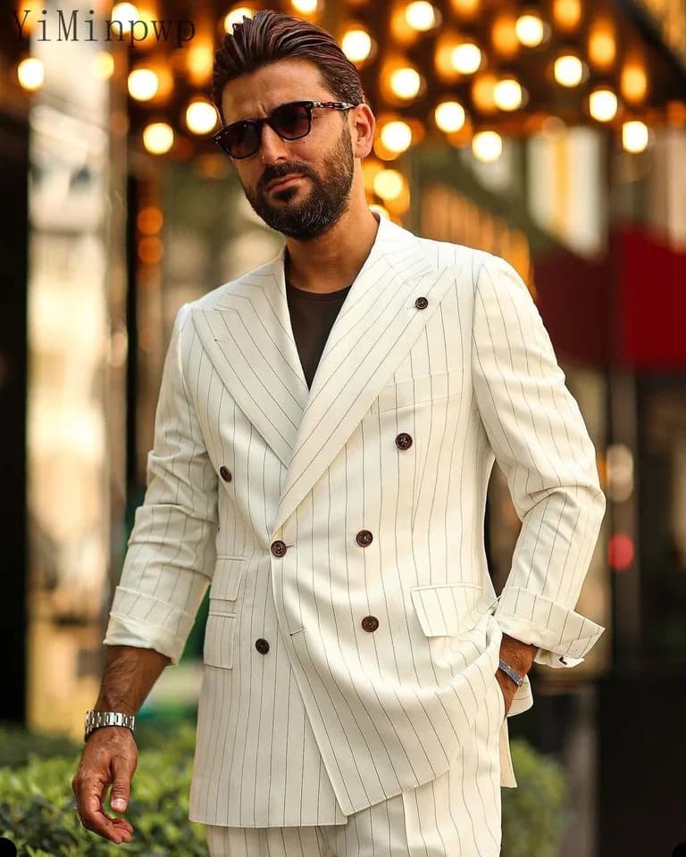 Pánské obleky s proužky v barvě slonoviny, s klopou a dvojitým zapínáním, obchodní oblek, sako, sako, sváteční smoking, 2dílný, na míru