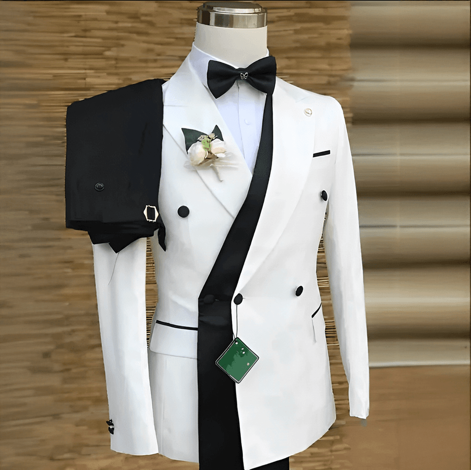 Pánský slim fit svatební smoking, dvoudílný oblek, černobílý, formální, pro ženicha, plesové šaty, na zakázku