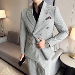 Pánský dvouřadý kostkovaný oblek, dvoudílný, slim střih, obchodní, formální, svatební, smoking, velikost M-5XL - náhled 6