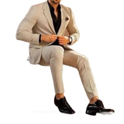 Pánský dvoudílný béžový formální oblek, slim fit, svatební, plesový, sako, kalhoty, vroubkovaná klopa - náhled 7