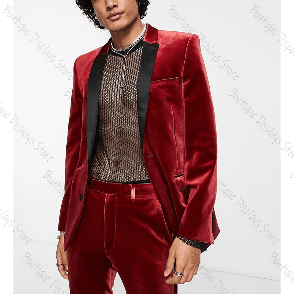 Pánský červený semišový oblek slim fit s jednořadým zapínáním - 2dílná souprava - formální sako a kalhoty