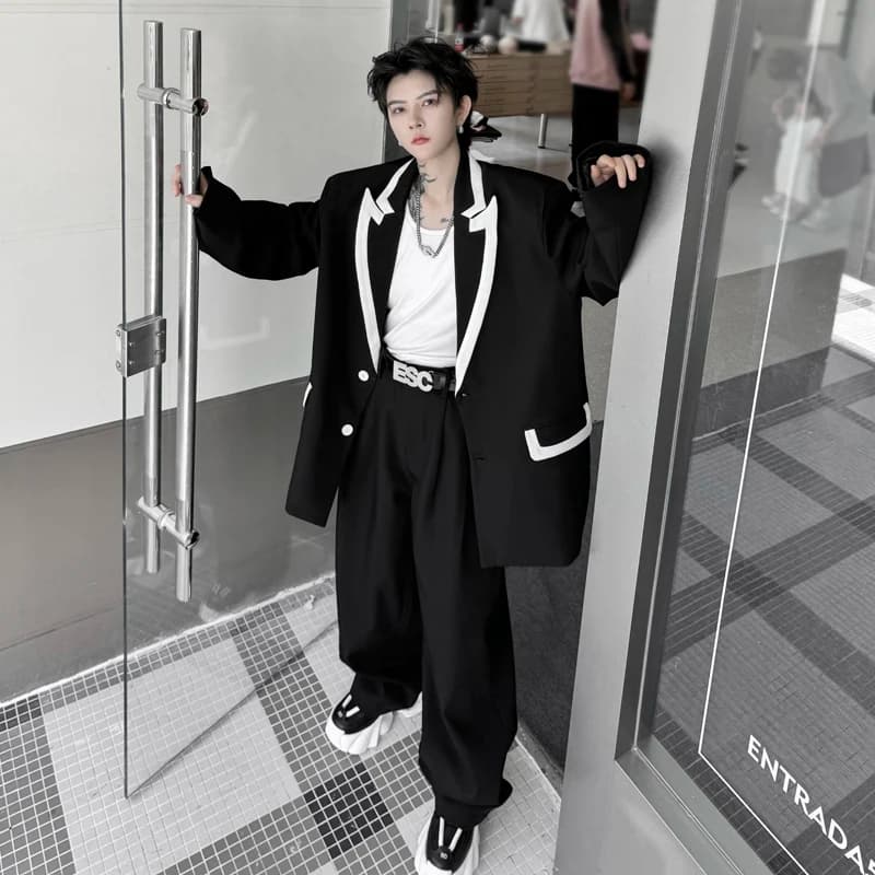 Pánský černobílý dvoudílný oblek - ležérní streetwear sako, bunda, kalhoty, retro styl