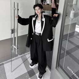 Pánský černobílý dvoudílný oblek - ležérní streetwear sako, bunda, kalhoty, retro styl - náhled 2