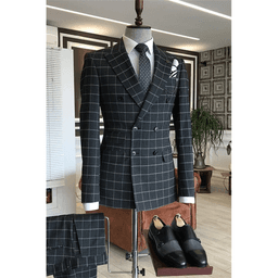 Pánský černý kostkovaný dvoudílný oblek, slim fit, svatební, obchodní, formální, sako, kalhoty - náhled 2