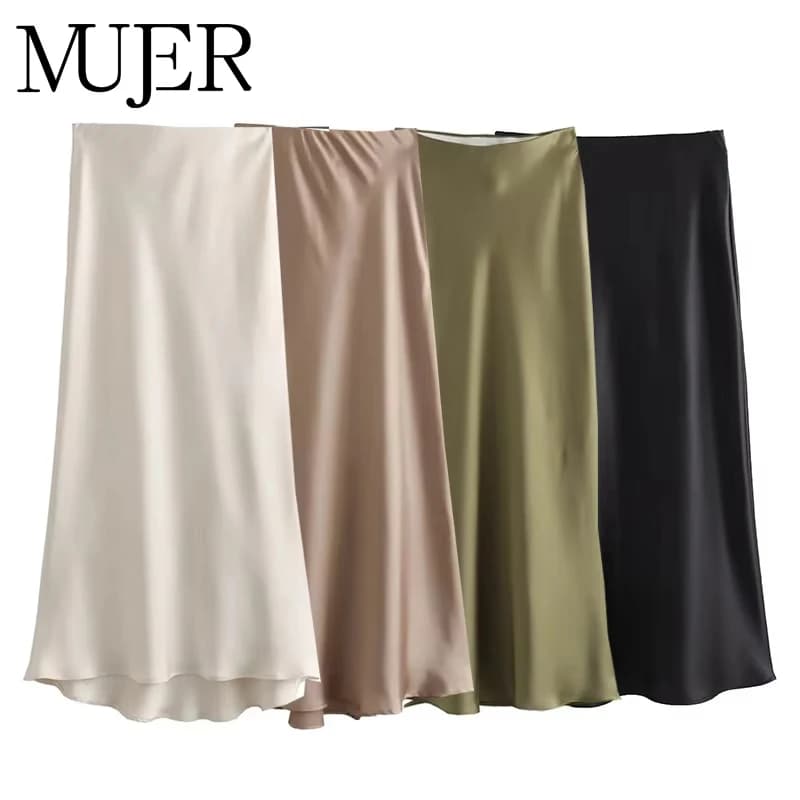 Elegantní saténová midi sukně s vysokým pasem, dámská letní kancelářská elegantní dlouhá černá sukně