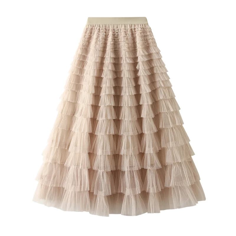 Dámská vintage síťovaná tutu dlouhá sukně, elegantní ležérní streetwear, maxi sukně áčkového tvaru