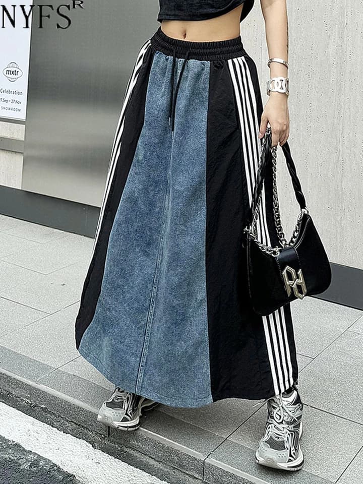 Dámské letní jarní vintage džínové dlouhé sukně s vysokým pasem, volný střih, patchwork