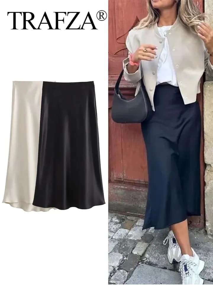 Dámská saténová midi sukně s vysokým pasem - elegantní slim střih ve stylu Y2K s hedvábnou texturou