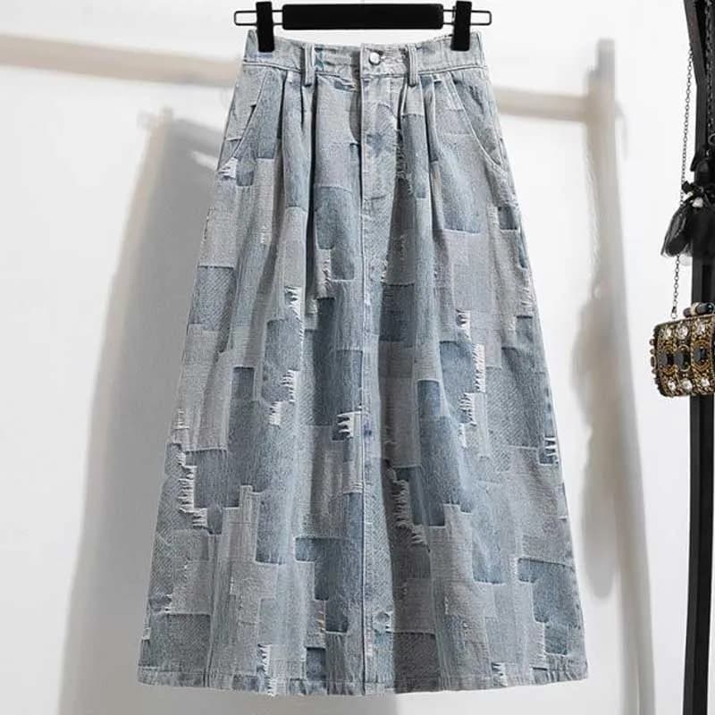 Dámská džínová áčková sukně s vysokým pasem - vintage, střední délky, podzim/zima, módní sukně