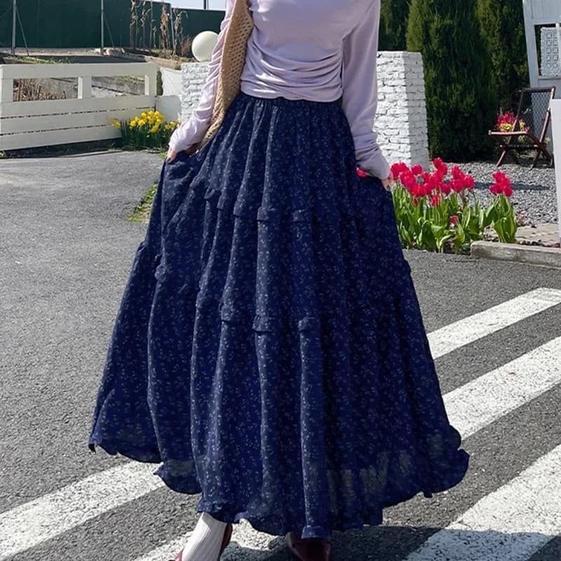 Dámská maxi sukně s vysokým pasem a áčkovým potiskem - Dlouhá módní sukně