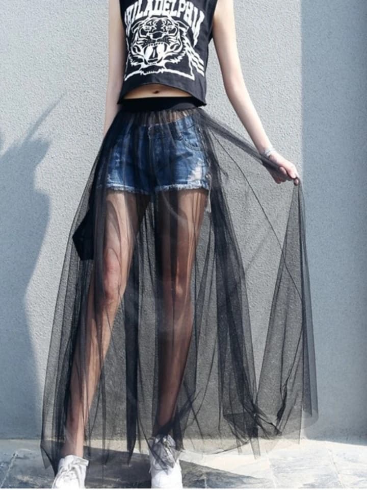 Dámská dlouhá krajková maxi sukně - černá bílá síťovaná boho nízký pas ležérní letní sukně