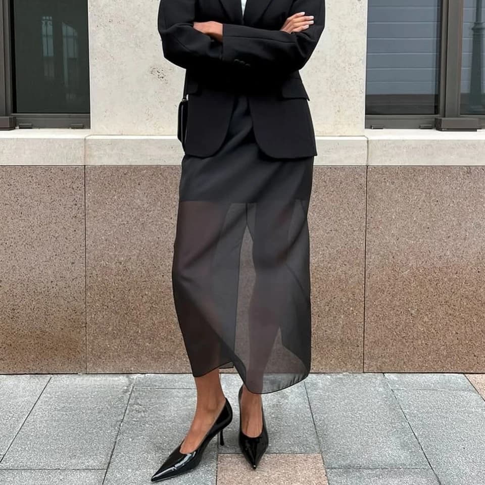 Černá síťovaná sukně s vysokým pasem, sexy, průsvitná, letní, kancelářská, ležérní, zakrývající boky