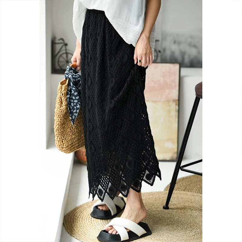 Dámská bavlněná háčkovaná krajková maxi sukně - vydlabaná letní rovná dlouhá sukně