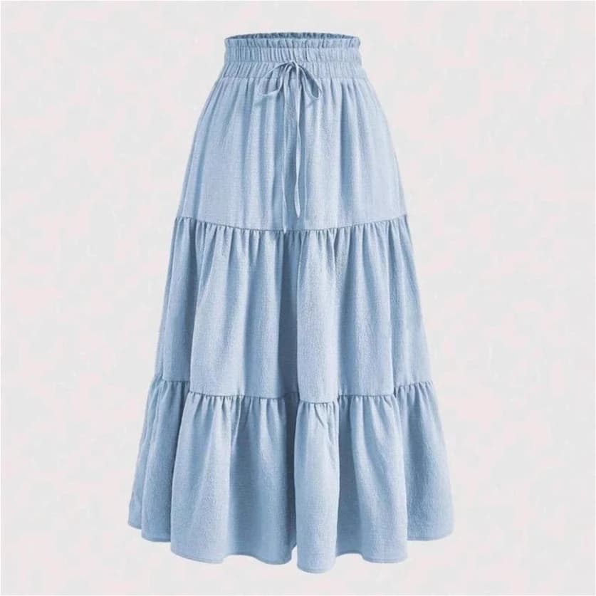 Dámská džínová sukně do A, dlouhá, s elastickým pasem, šněrováním a volánky, ležérní letní streetwear