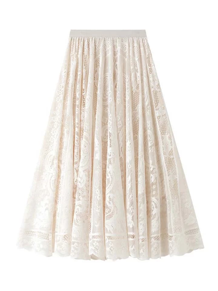 Dámská krajková dlouhá sukně s vysokým pasem, elastická, vintage, elegantní, kancelářské, bílá, černá