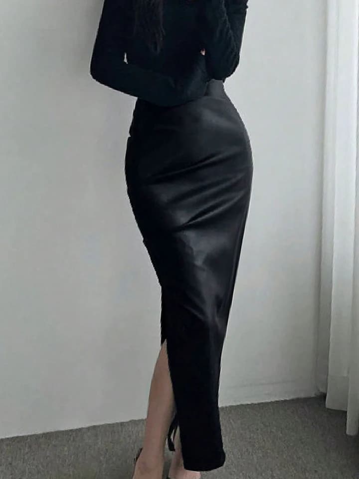 Dámská černá maxi sukně z umělé kůže s bočním rozparkem - sexy slim fit, párty, klubové oblečení, zip