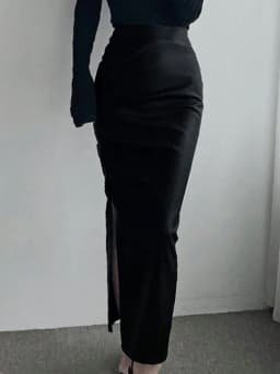 Dámská černá maxi sukně z umělé kůže s bočním rozparkem - sexy slim fit, párty, klubové oblečení, zip - náhled 5