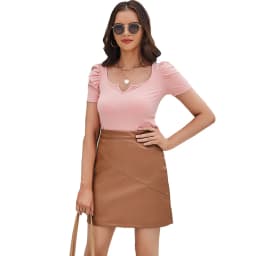 Dámská sukně z umělé kůže s vysokým pasem, elastická, slim fit, mini sukně, černá, hnědá, šedá, velikost S-XXXL - náhled 7