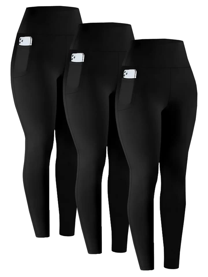 Dámské legíny s vysokým pasem a kapsami - sada 3 kalhot na jógu s kontrolou bříška