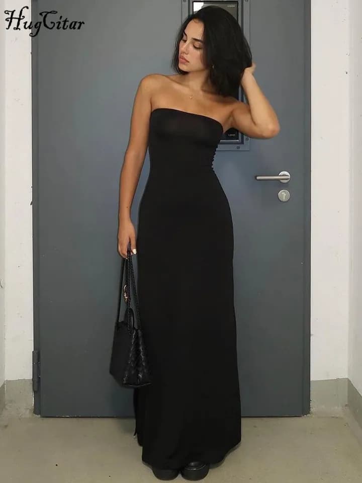 Černé bezramínkové maxi šaty s dlouhým rukávem a elegantním rukávem na večerní párty a ples