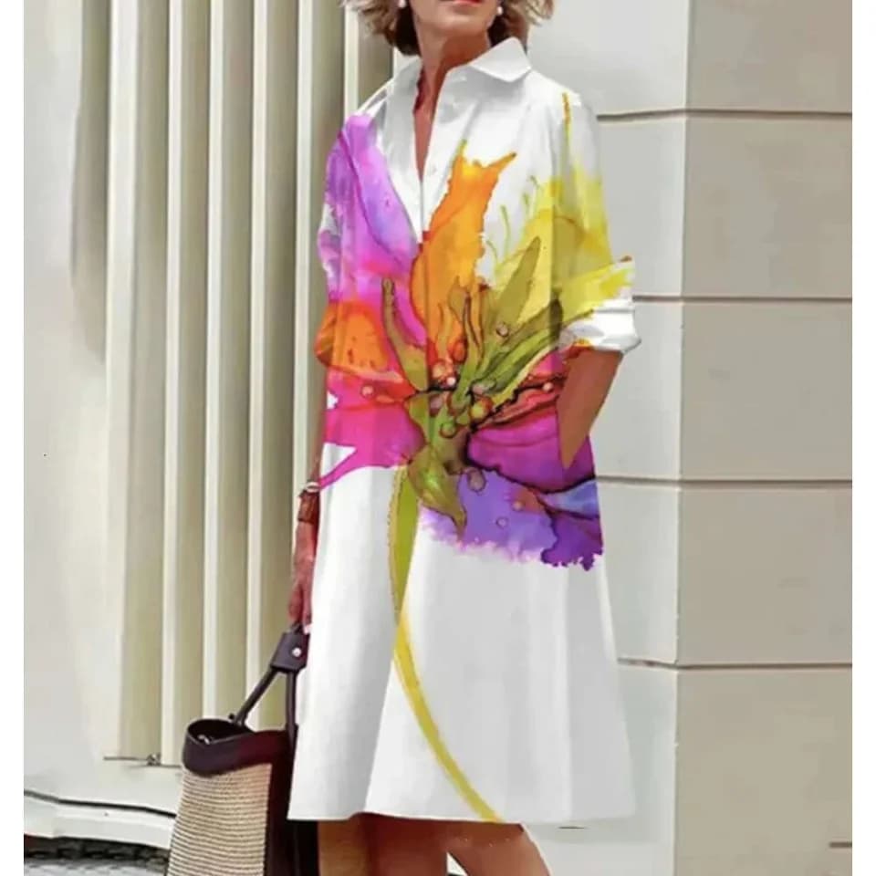 Dámské květinové košilové šaty s dlouhým rukávem do áčka - elegantní volný střih do kanceláře s klopou